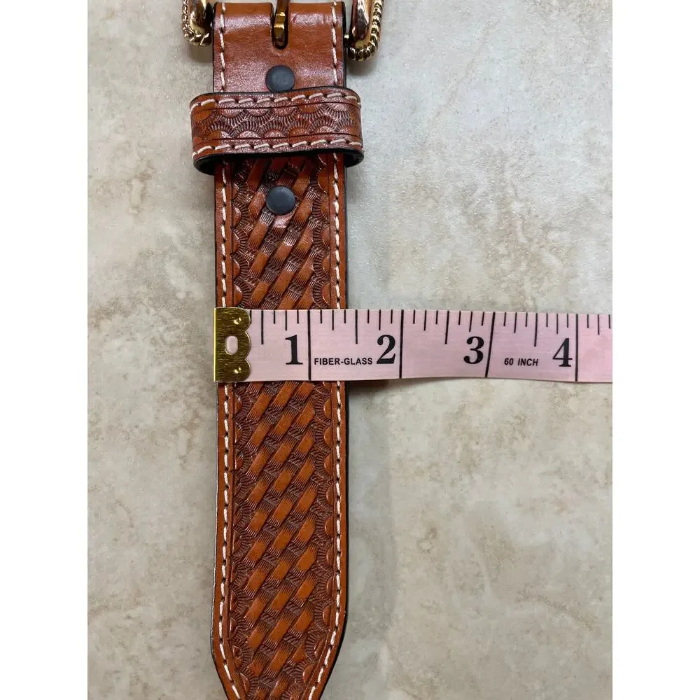 3D Belt Co Hand Tooled Leather Western Belt Cross Conchos White Braided 42